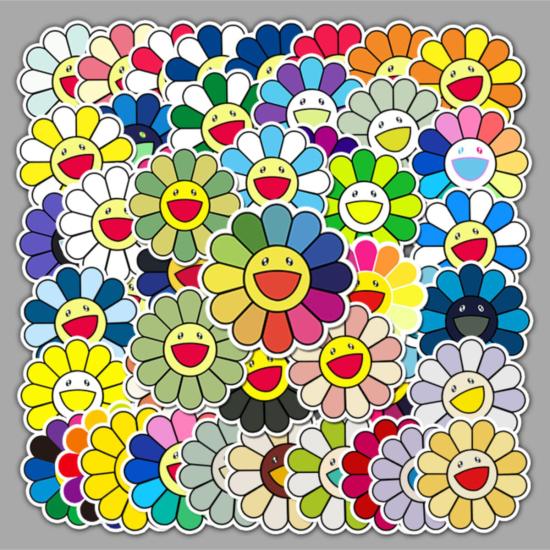 50 Adet Tekrarsız Renkli Çiçekler Kalite Pvc Sticker 02