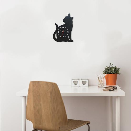 Büyük Boy Oturan Kedi Ahşap Siyah Duvar Saati