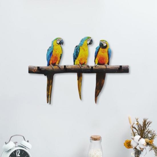 Dal Üstünde Üç Renkli Papağan Anahtarlık Hol Duvar Askılık Süs