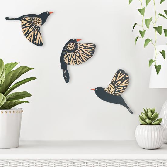 Dekoratif Üçlü Desenli Kuşlar Ahşap Duvar Tablo 