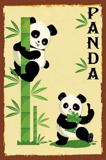 Retro Ahşap Plaka Sevimli Pandalar 20x30 cm