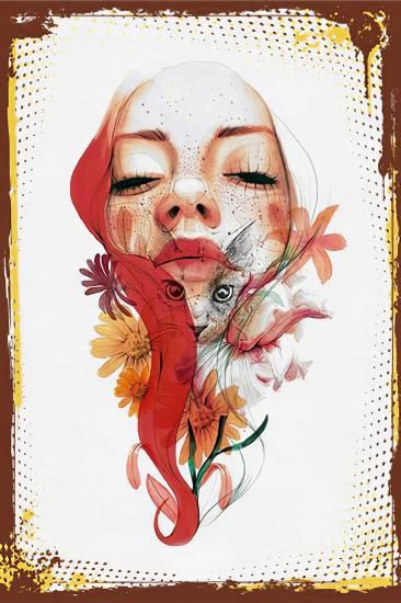 Retro Ahşap Plaka Kedi Çiçek Çizim 20x30 cm