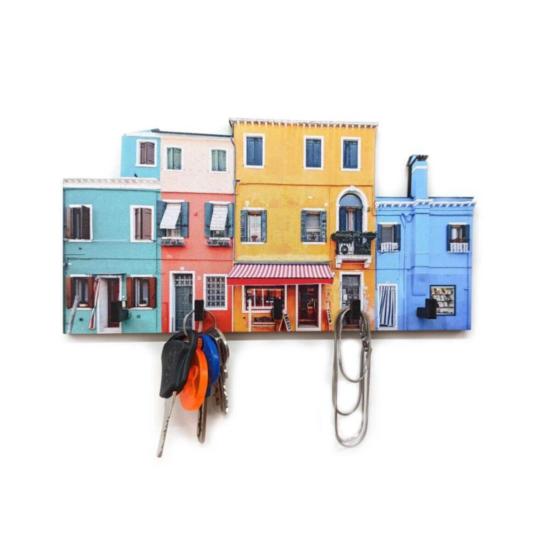 Renkli Ev Desenli Ahşap Anahtarlık Hol Antre Anahtar Askı